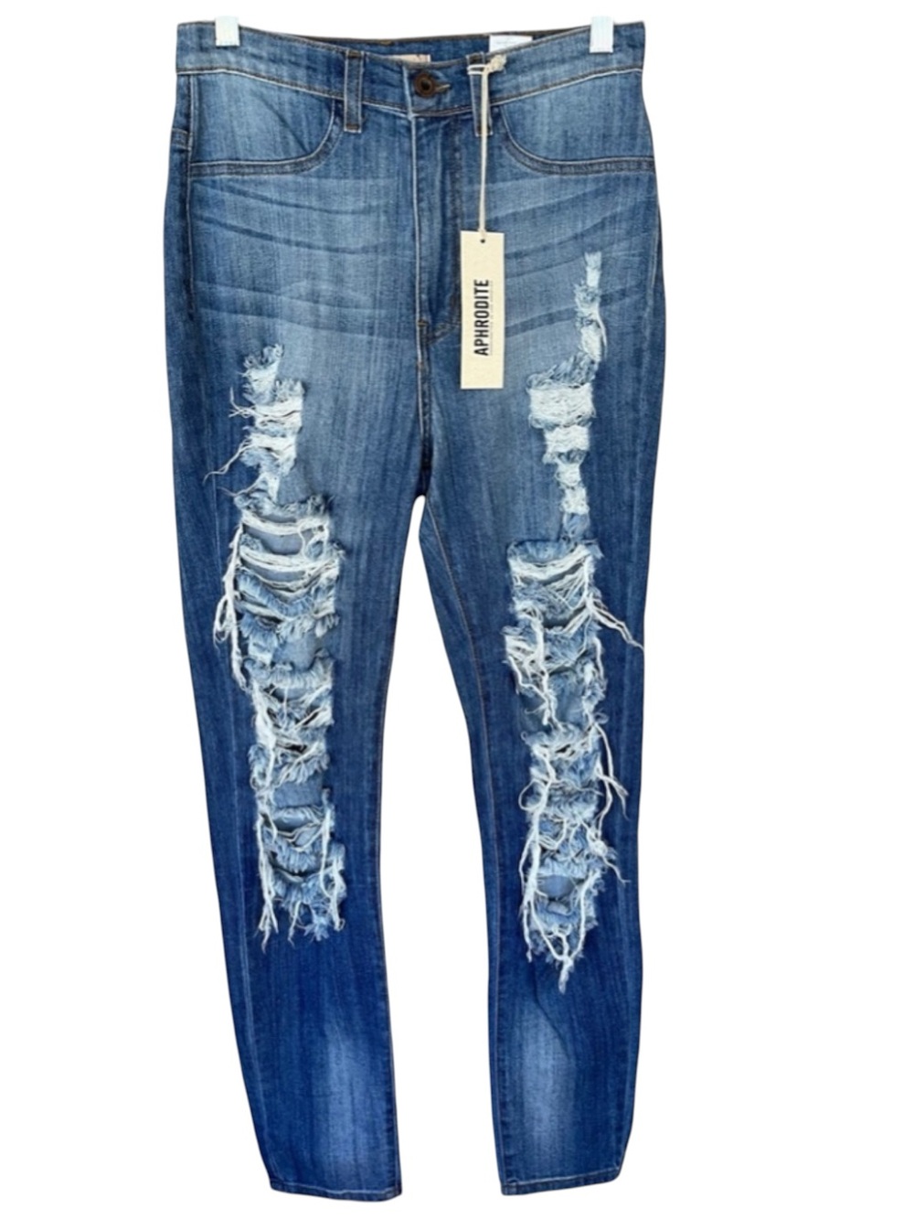Aphrodite Super High Rise Heavy Distressed Ripped Skinny Jeans Blue 7 NWT